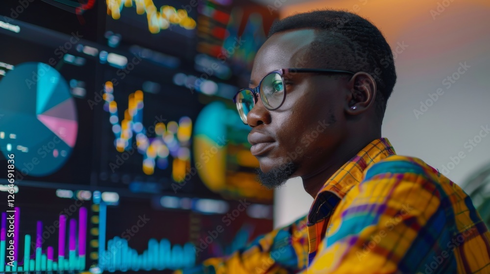 Poster A young professional analyzes data on multiple screens filled with colorful charts and graphs in a contemporary workspace at twilight. Focus on productivity and insights.