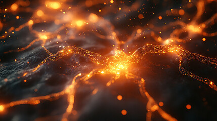 Advanced AI neural network with glowing nodes, connecting pathways, and pulsing light