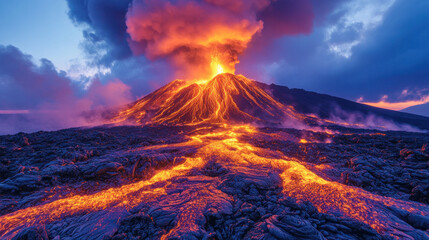 Volcano erupting with glowing lava streams and a plume of smoke against a twilight sky
