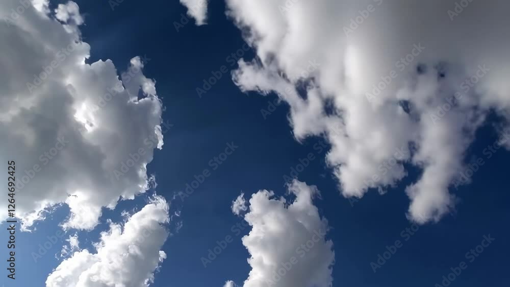 Poster beautiful white cumulus clouds slowly drift across a vibrant blue sky, creating a serene and mesmeri