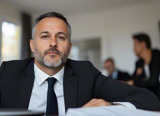 Naklejka premium Confident businessman office portrait, colleagues blurred background, corporate headshot