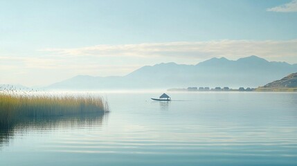 Fototapeta premium Serene Lake, Misty Mountains, Boat