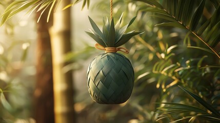A beautifully woven green pineapple hanging amidst lush tropical foliage
