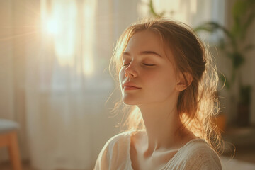 Young woman practicing mindfulness and breathing indoors, focusing on mental health and relaxation, Generative AI