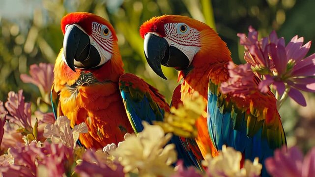 Brightly colored macaws perched among vibrant flowers during a sunny day in a tropical garden
