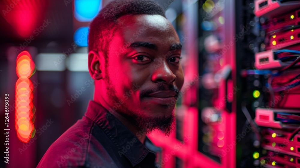 Poster A young man smiles while standing next to high tech server racks illuminated by colorful LED lights, showcasing a modern data center environment during the evening.