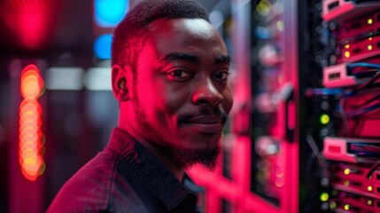 Obraz premium A young man smiles while standing next to high tech server racks illuminated by colorful LED lights, showcasing a modern data center environment during the evening.