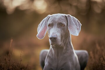 Weimaraner in the forest at sunset