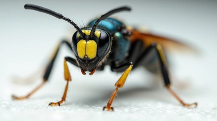 Close-up of a Blue-Striped Hornet on a White Surface