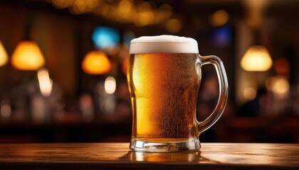 Glass of beer on wooden table