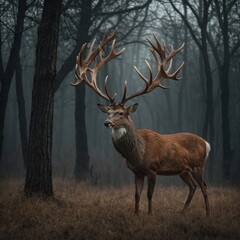 A deer standing in a graceful posture, its antlers arched like a chandelier.