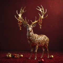 A festive deer standing with tiny golden bells on its antlers, set against a pure red background.