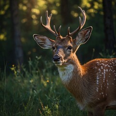 A deer in summer lighting, its fur glowing warmly against a plain canvas.