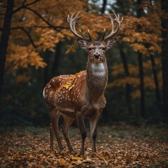 A deer standing with autumn leaves gently resting on its back, isolated on a neutral surface.