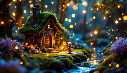 Fototapeta premium Enchanting fairy forest at dusk with tiny houses and vibrant blooming flowers