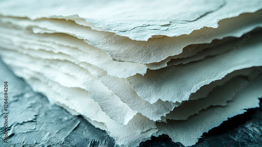 Poster close-up of stacked handmade paper with rough, torn edges and a textured surface, evoking a rustic, 