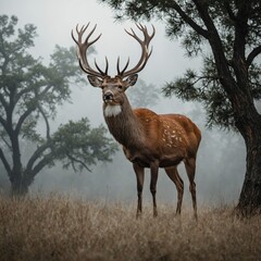 A deer standing with an air of wisdom, its antlers resembling a branching tree on a white background.