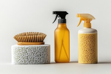 Minimalist arrangement featuring cleaning supplies like a brush, sponges, and spray bottles, showcasing a clean and modern aesthetic on a bright neutral background.