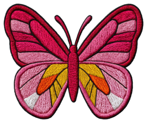 Embroided Pink Butterfly with Orange and Yellow Accent on Transparent Background