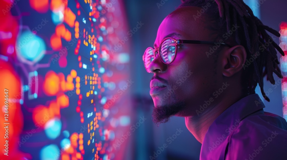 Poster One person wearing glasses is intently studying vibrant data visualizations on a wall in a high tech workspace during the evening hours, immersed in analysis and interpretation.