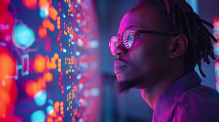 One person wearing glasses is intently studying vibrant data visualizations on a wall in a high tech workspace during the evening hours, immersed in analysis and interpretation.