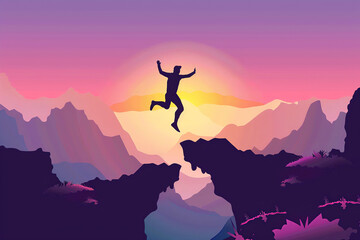 A silhouette of a person jumping over a chasm. The image conveys a sense of courage, overcoming obstacles, and achieving goals.