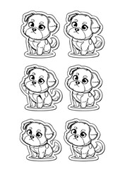 Adorable Puppy Dog Cartoon Stickers Set – Cute Hand-Drawn Pet Characters, Kawaii Style Digital Line Art, Black and White Puppy Illustration, Doodle Art, Printable Kids' Coloring Pages, Clipart Design