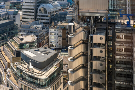 Close-up view of the Lloyd&rsquo;s building in London, featuring its exposed steel structure and industrial design.