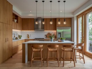 Beautiful contemporary kitchen featuring wood cabinetry and island seating