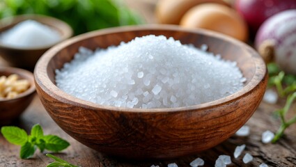 Close up of sea salt in rustic wooden bowl