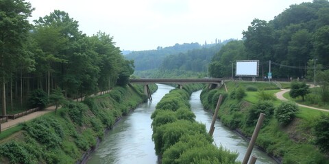 Billboard suspended over wooden bridge in lush forest with rainwater channel below, woodland, waterway, greenery