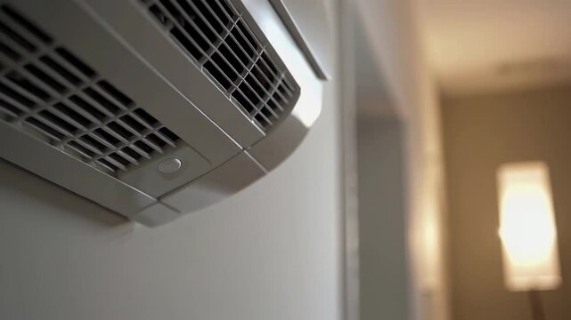 Modern wall mounted air conditioner operating silently, generating cool airflow and maintaining comfortable indoor temperature with optimal energy efficiency for residential living spaces