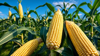 Closeup of fresh ripe corn cobs in green field