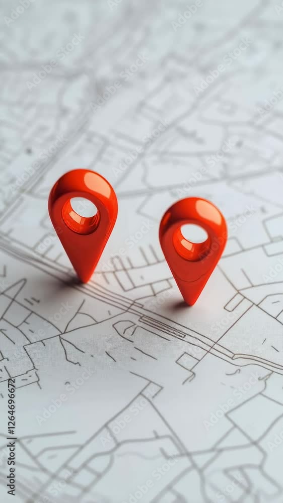 Poster Two orange location pins stand on a map, indicating points of interest, in a slow motion sequence that emphasizes their placement and potential journey