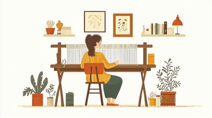 Woman weaving at a wooden loom in a cozy, plant-filled studio with art