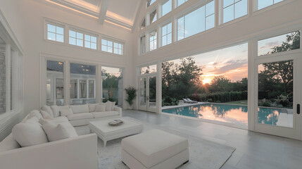 Luxurious sunset view living room with pool