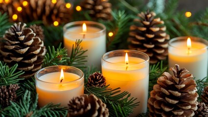 Cozy holiday ambiance with warm candles and pine cones