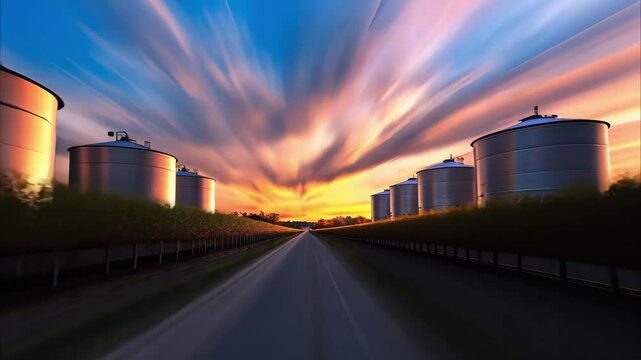 A scenic landscape featuring silos alongside a road, with vibrant clouds at sunset and rows of trees in the foreground.
