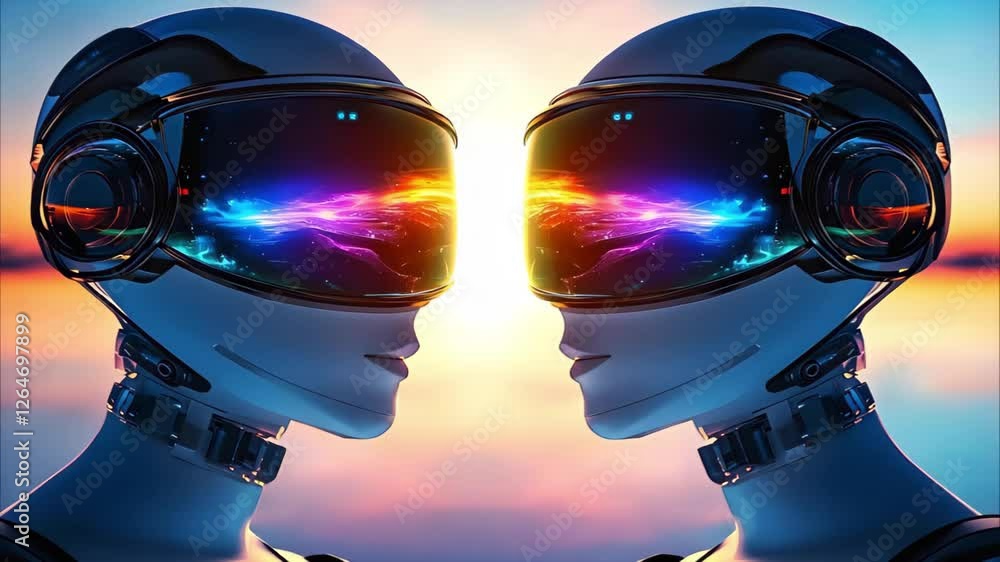 Poster two futuristic robots facing each other, their visors displaying colorful cosmic imagery against a v