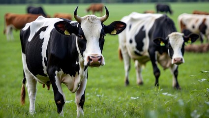 Curious black and white cow in lush green field