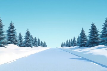 Snowy road through winter forest, serene, empty,  digital illustration
