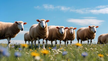Fototapeta premium Curious sheep grazing among vibrant wildflowers under blue sky