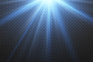 Blue effect with glare of light, light rays. On a transparent background.