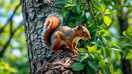 Obraz premium Curious squirrel climbing tree in sunny greenery