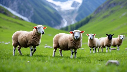 Fototapeta premium Cute sheep grazing in a lush meadow