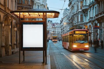 Fototapeta premium A quiet city street at dusk featuring a bus stop with a blank advertisement panel and a passing tram, surrounded by historic buildings.
