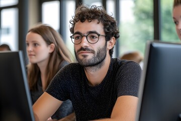 Focused student in classroom computer lab, listening attentively during lecture