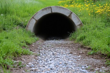 Culvert: New Spring Culvert under Gravel Road in Country Setting with Green Grass and Flowers