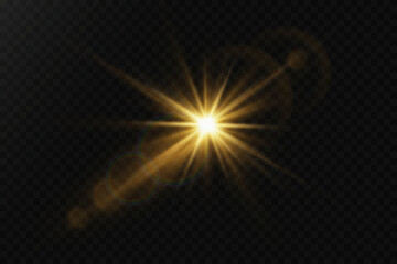 Glowing star effect, light rays and lens. On a transparent background.