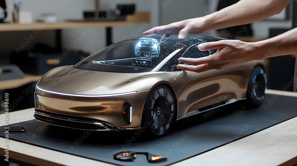 Aufkleber closeup of designer s hands interacting with floating holographic interface to shape and design a mo